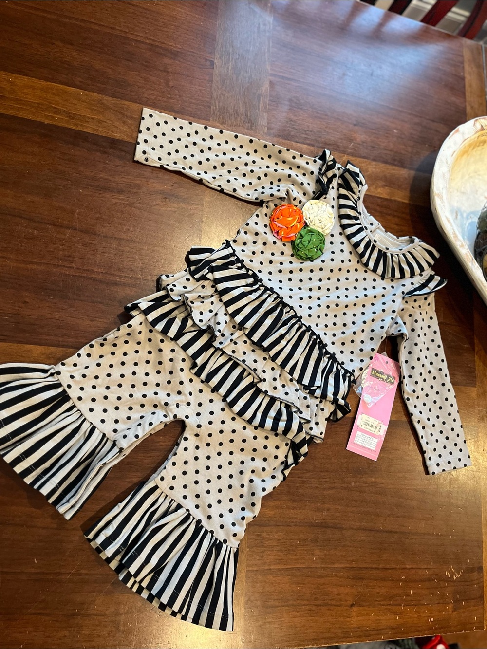 Mustard Pie Cream and Black Polka Dot Ruffle One-Piece Bodysuit 18 m